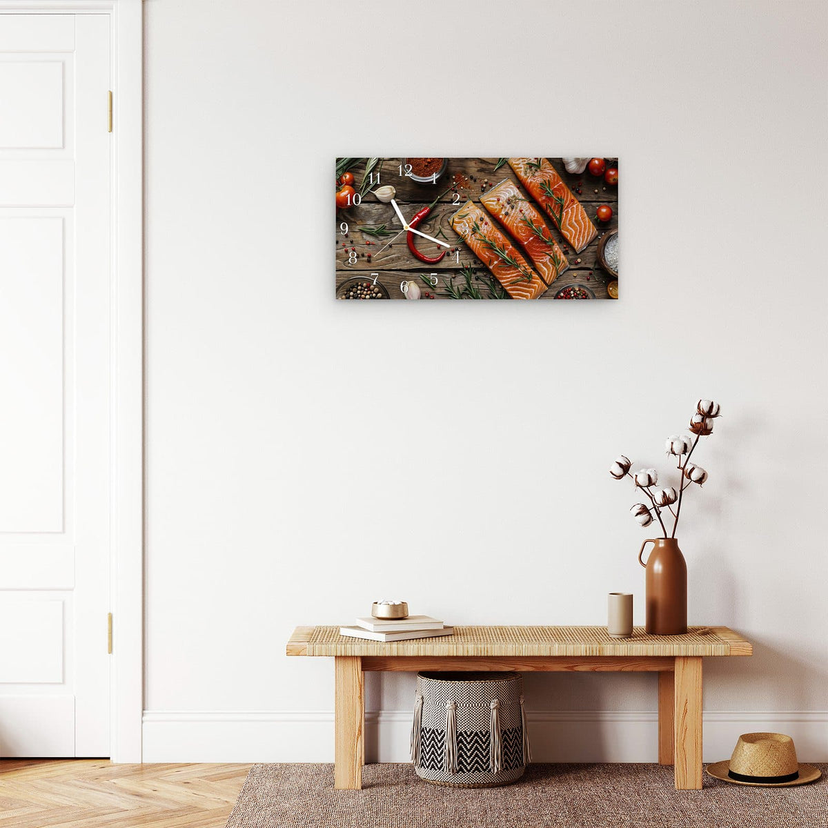 Moderne Wanduhr aus Glas mit Farbtiefe – Wanduhr Lachsfilets aus Glas – Querformat 60 × 30 cm