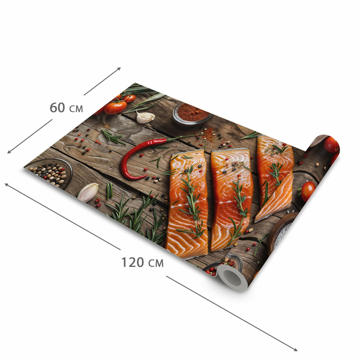 Langlebiger moderner Küchenläufer mit Motiv Lachsfilets in der Grösse 90x180 cm