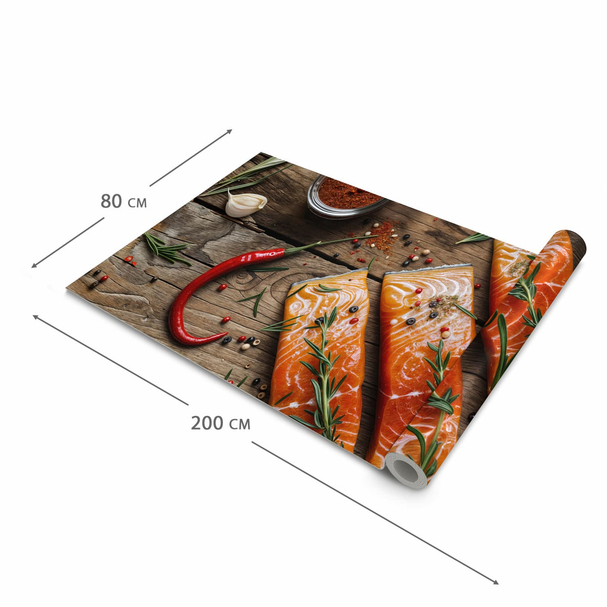 Hygienischer Küchenteppich mit Motiv Lachsfilets in der Grösse 90x180 cm