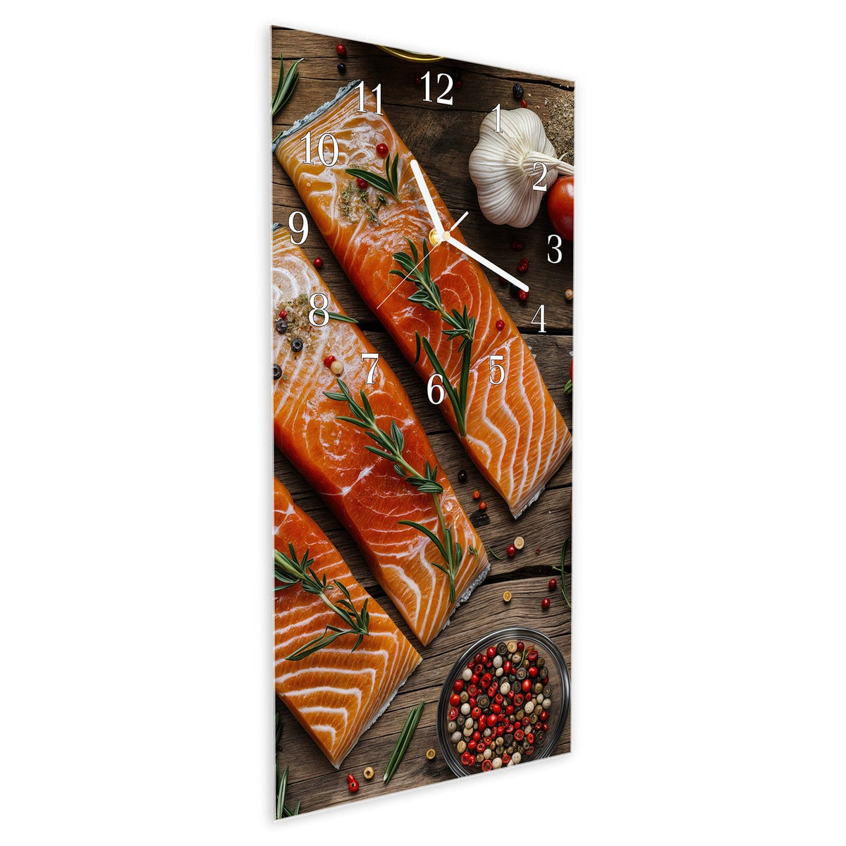 Vormontiert – mit Schwebeeffekt – Wanduhr Lachsfilets aus Glas – Hochformat 30 × 60 cm