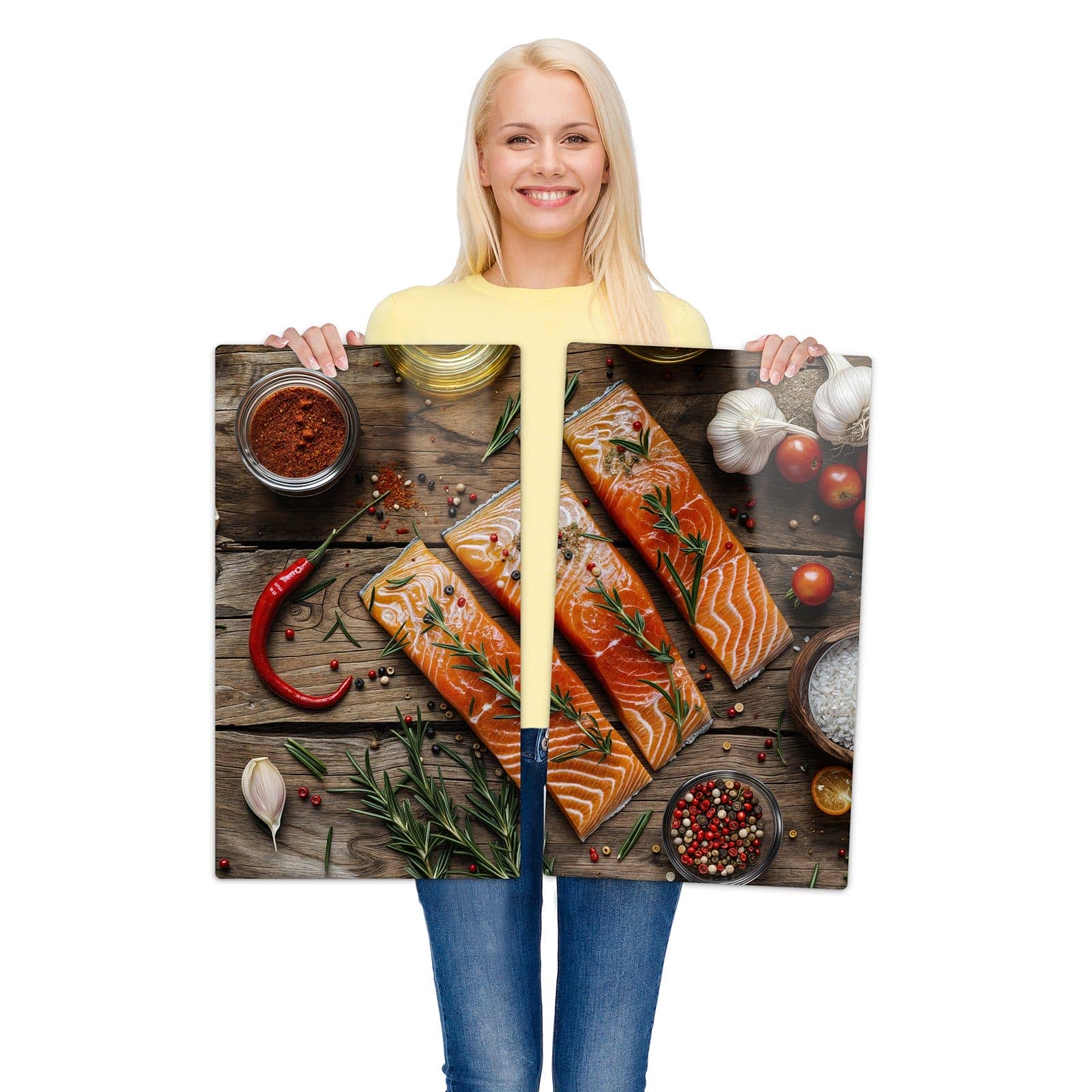 2-teilige Herdabdeckplatten für Ceranfeld mit Lachsfilets-Motiv wird zur Größendarstellung gehalten