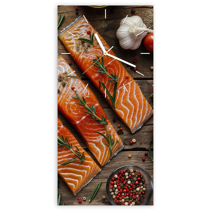 Wanduhr Lachsfilets aus Glas – Hochformat 30 × 60 cm mit Ziffernblatt Linie