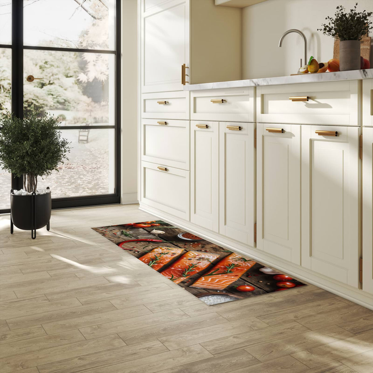Fleckenresistenter langer Teppich mit Motiv Lachsfilets in heller Küche