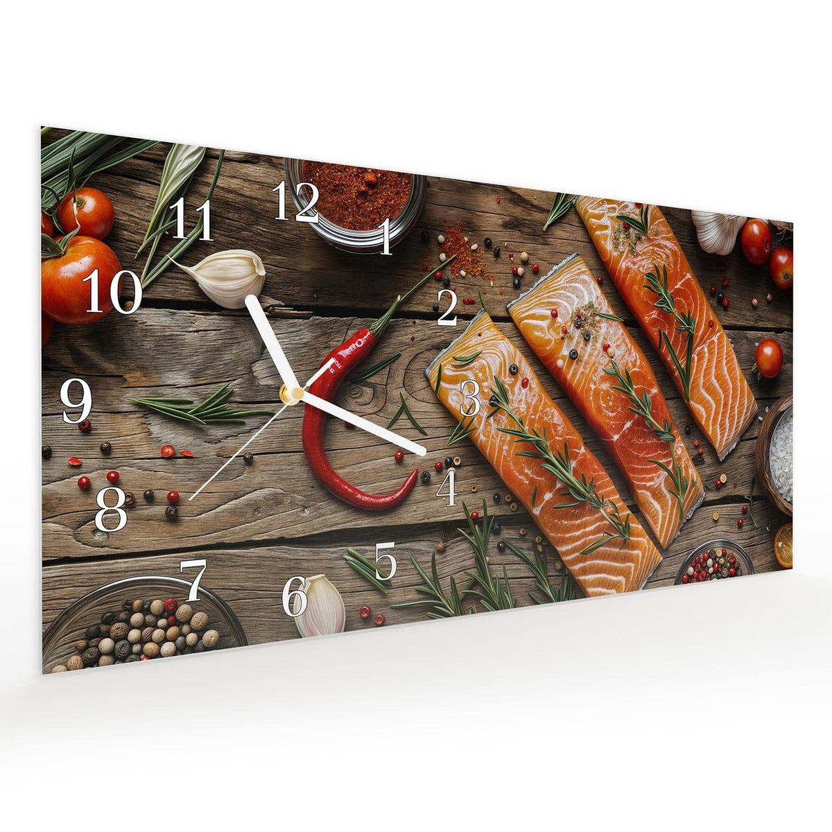 Vormontiert – mit Schwebeeffekt – Wanduhr Lachsfilets aus Glas – Querformat 60 × 30 cm