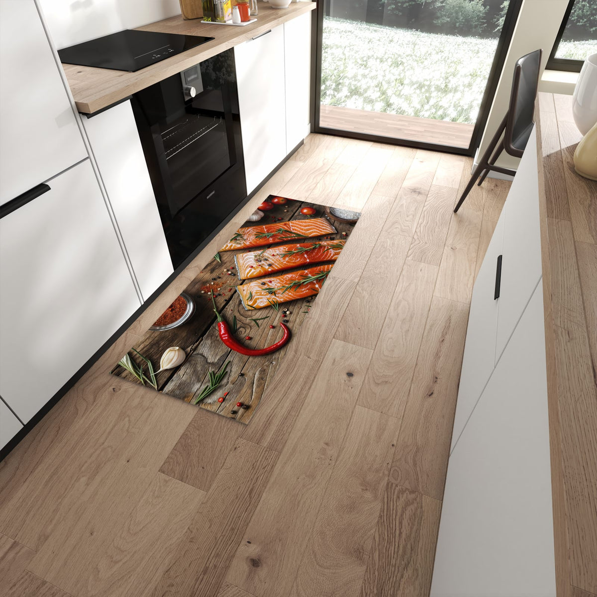 Pflegeleichter Küchenteppich mit Motiv Lachsfilets in moderner Küche #grösse_60 x 150 cm