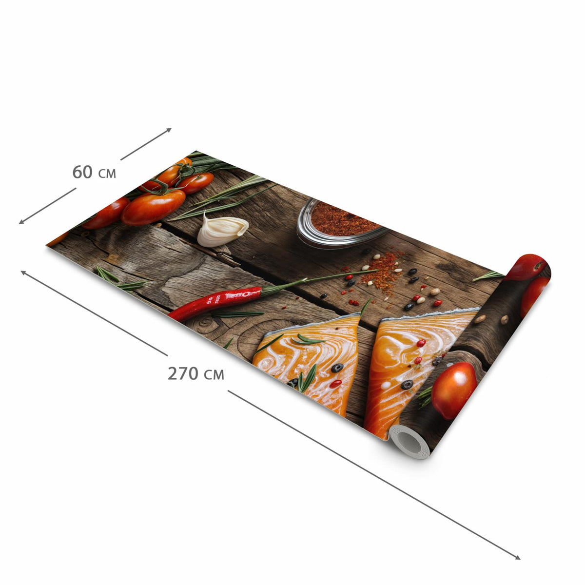 Rutschfester abwaschbarer Küchenläufer mit Motiv Lachsfilets in der Größe 90x180 cm