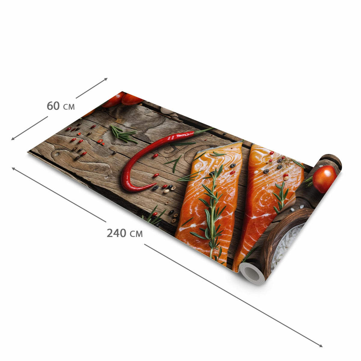 Komfortabler moderner Küchenläufer mit Motiv Lachsfilets in der Grösse 90x180 cm