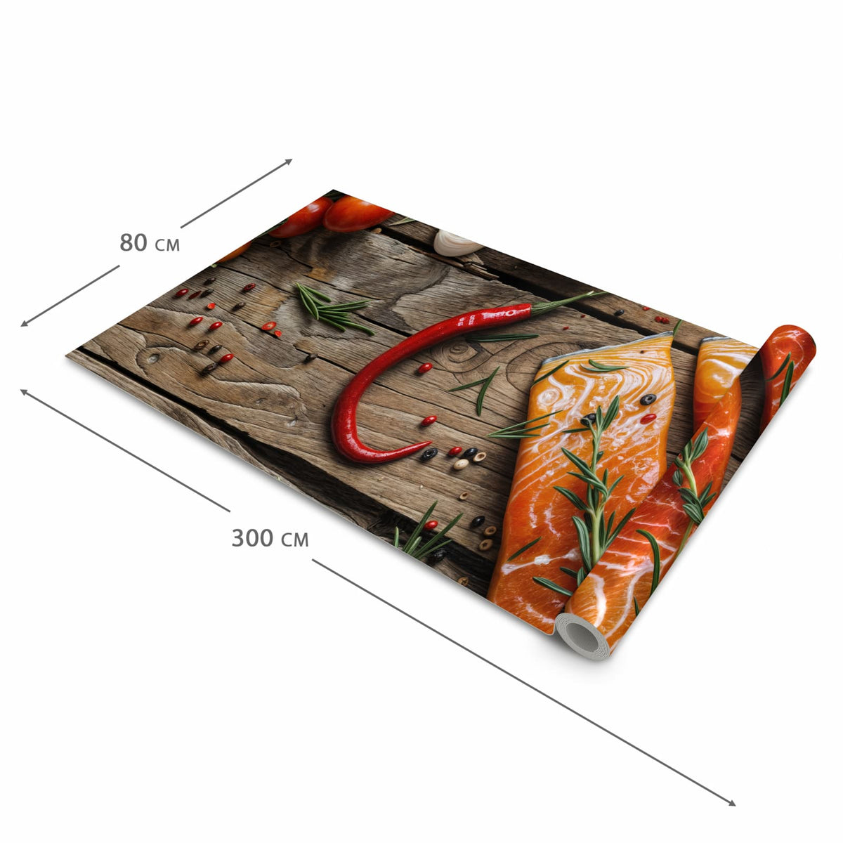 Langlebiger Teppich für die Küche mit Motiv Lachsfilets in der Grösse 90x180 cm