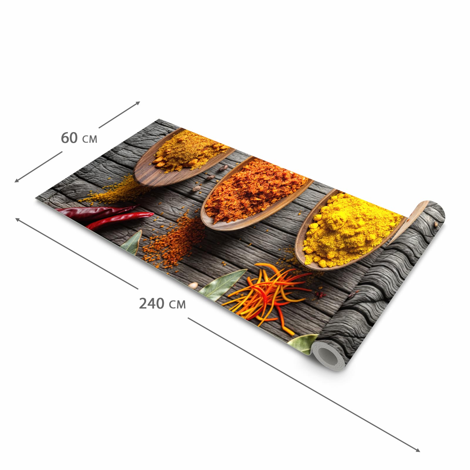Rutschfester Küchenteppich mit Motiv Gewürze auf Löffeln in der Grösse 80x300 cm für sicheres Aufbewahren