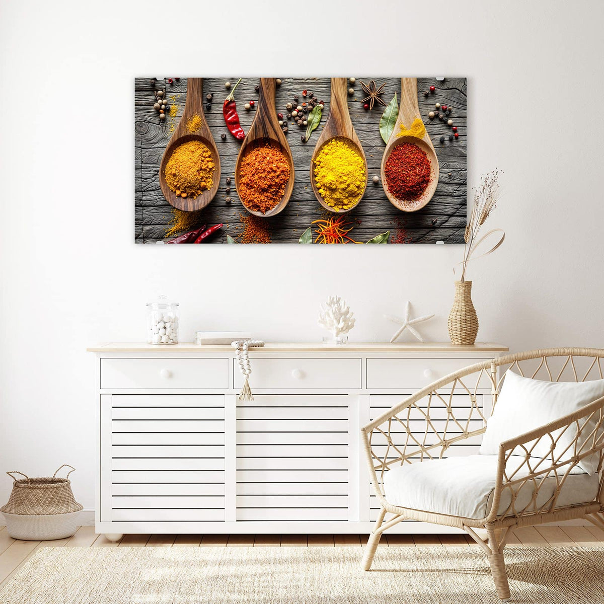 Echtglas, 4 mm – kein Acryl, keine Folie – Wandbild - Gewürzpulver auf Löffeln - Querformat