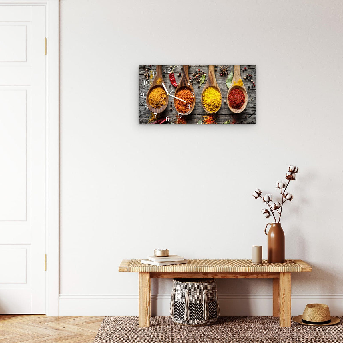 Moderne Wanduhr aus Glas mit Farbtiefe – Wanduhr Gewürze auf Löffeln aus Glas – Querformat 60 × 30 cm