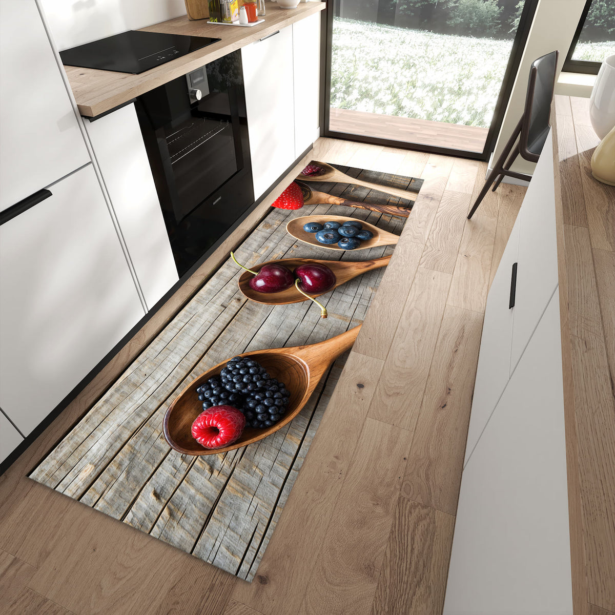 Rutschfester Küchenläufer mit Motiv Holzlöffel mit Beeren in moderner Küche