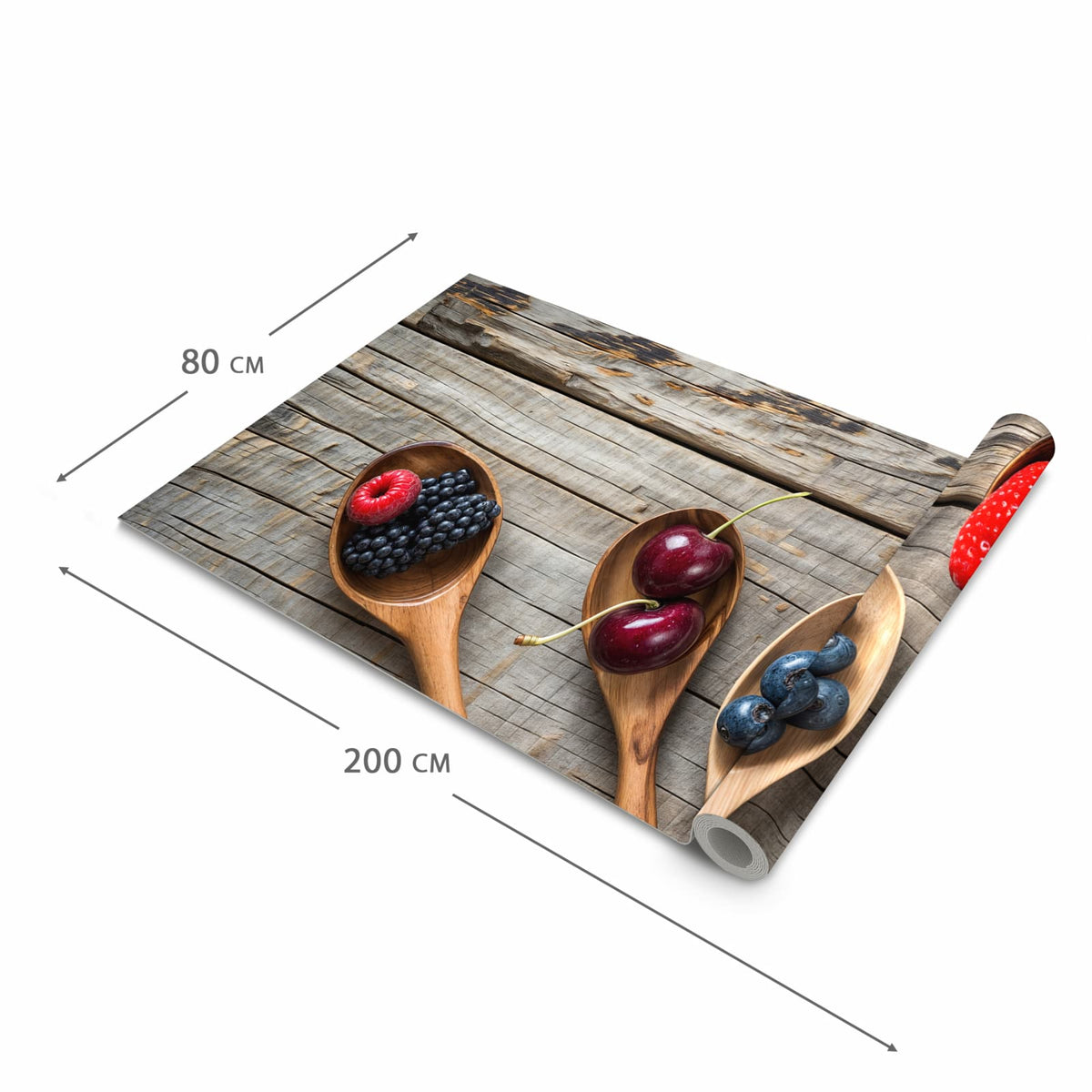 Waschbarer Bodenläufer Teppich mit Motiv Holzlöffel mit Beeren in der Grösse 80x300 cm