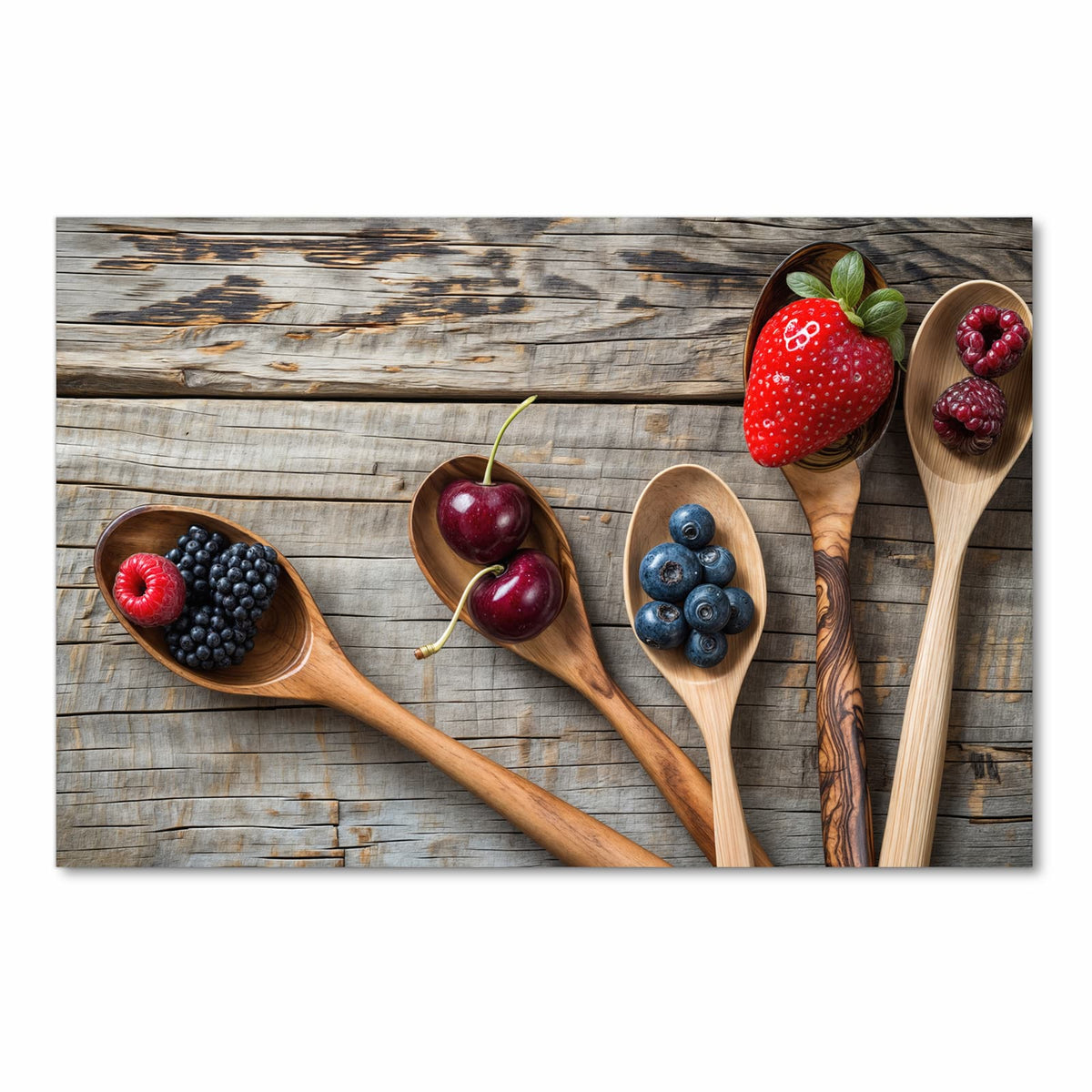 Komfortabler waschbarer Läufer für die Küche mit Motiv Holzlöffel mit Beeren in Frontansicht