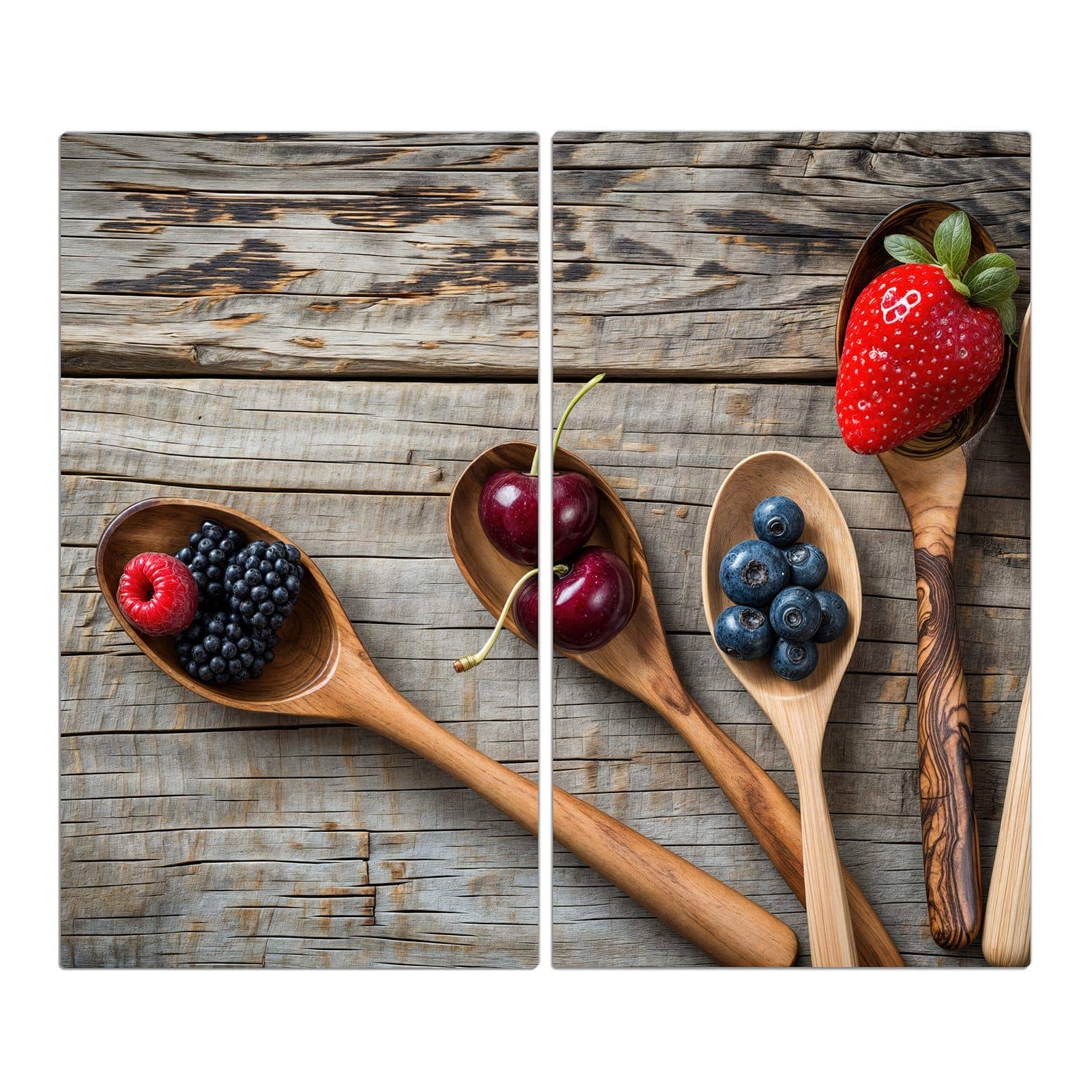 2-teilige Herdabdeckplatten für Ceranfeld mit Holzlöffel mit Beeren-Motiv in der Frontansicht #grösse_2-Teilig (60x52cm)