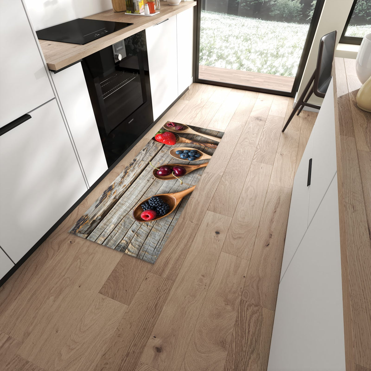 Rutschfester Küchenläufer mit Motiv Holzlöffel mit Beeren in moderner Küche #grösse_60 x 150 cm