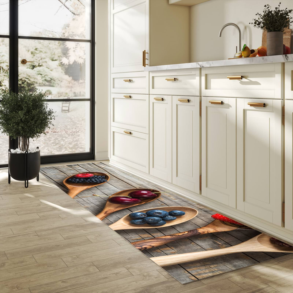 Hygienischer Küchenteppich mit Motiv Holzlöffel mit Beeren in heller Küche