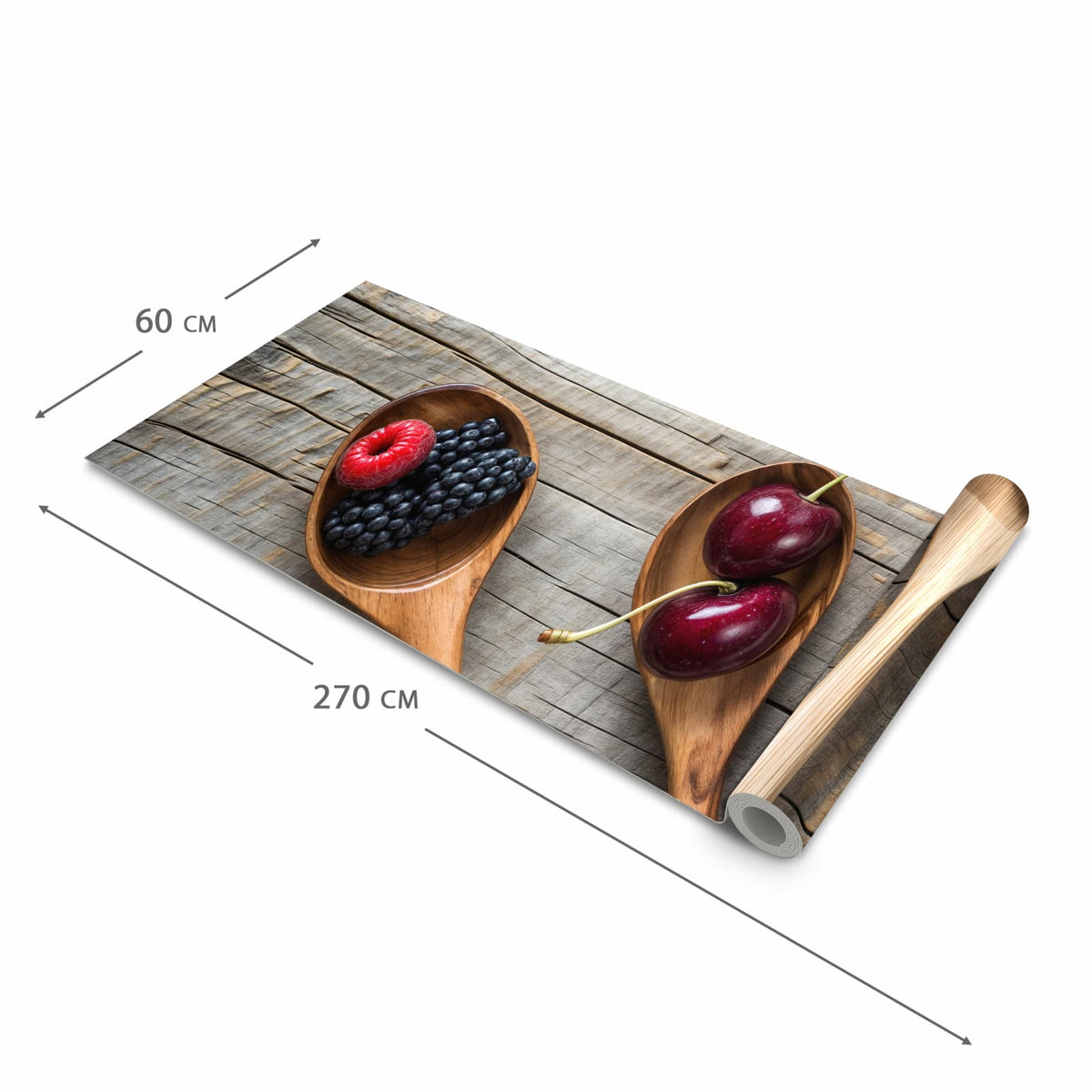 Waschbarer Teppich für Esstisch mit Motiv Holzlöffel mit Beeren in der Größe 80x300 cm