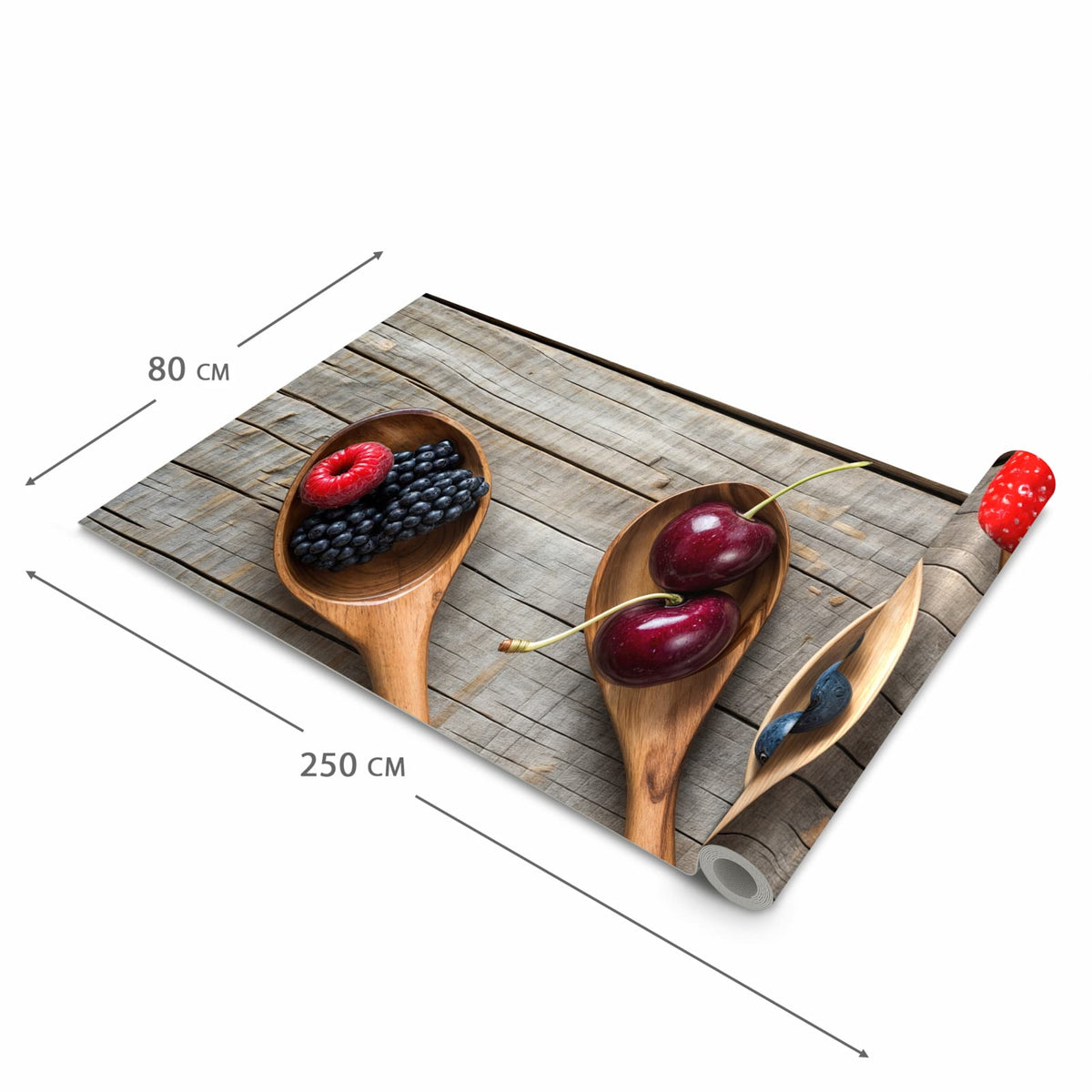 Langlebiger Küchenteppich mit Motiv Holzlöffel mit Beeren in der Grösse 80x300 cm