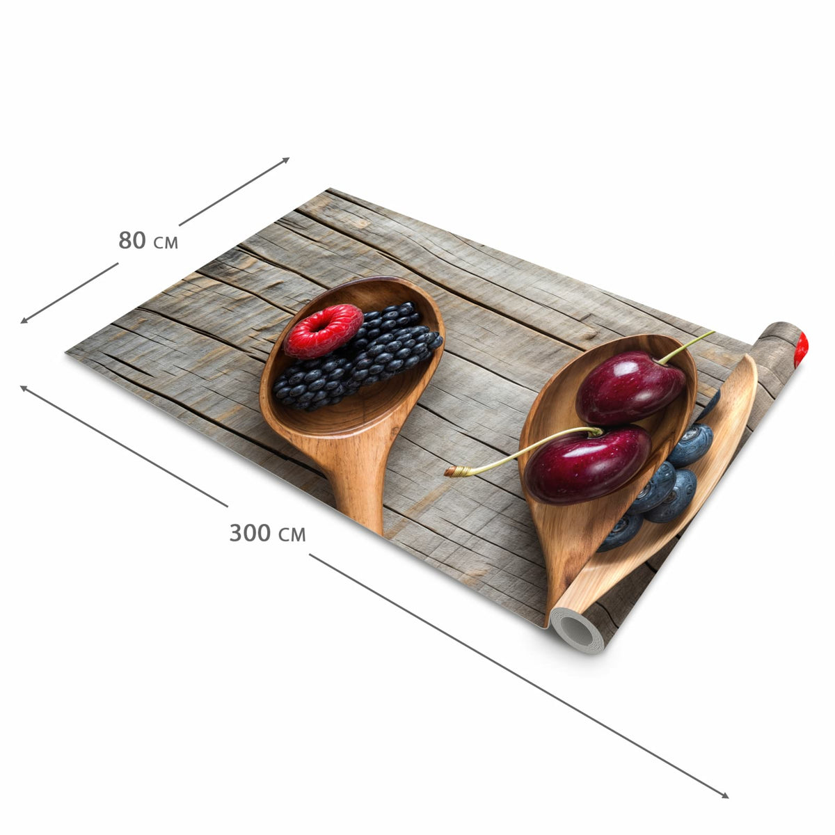 Feuchtigkeitsresistenter Küchenteppich mit Motiv Holzlöffel mit Beeren in der Grösse 80x300 cm