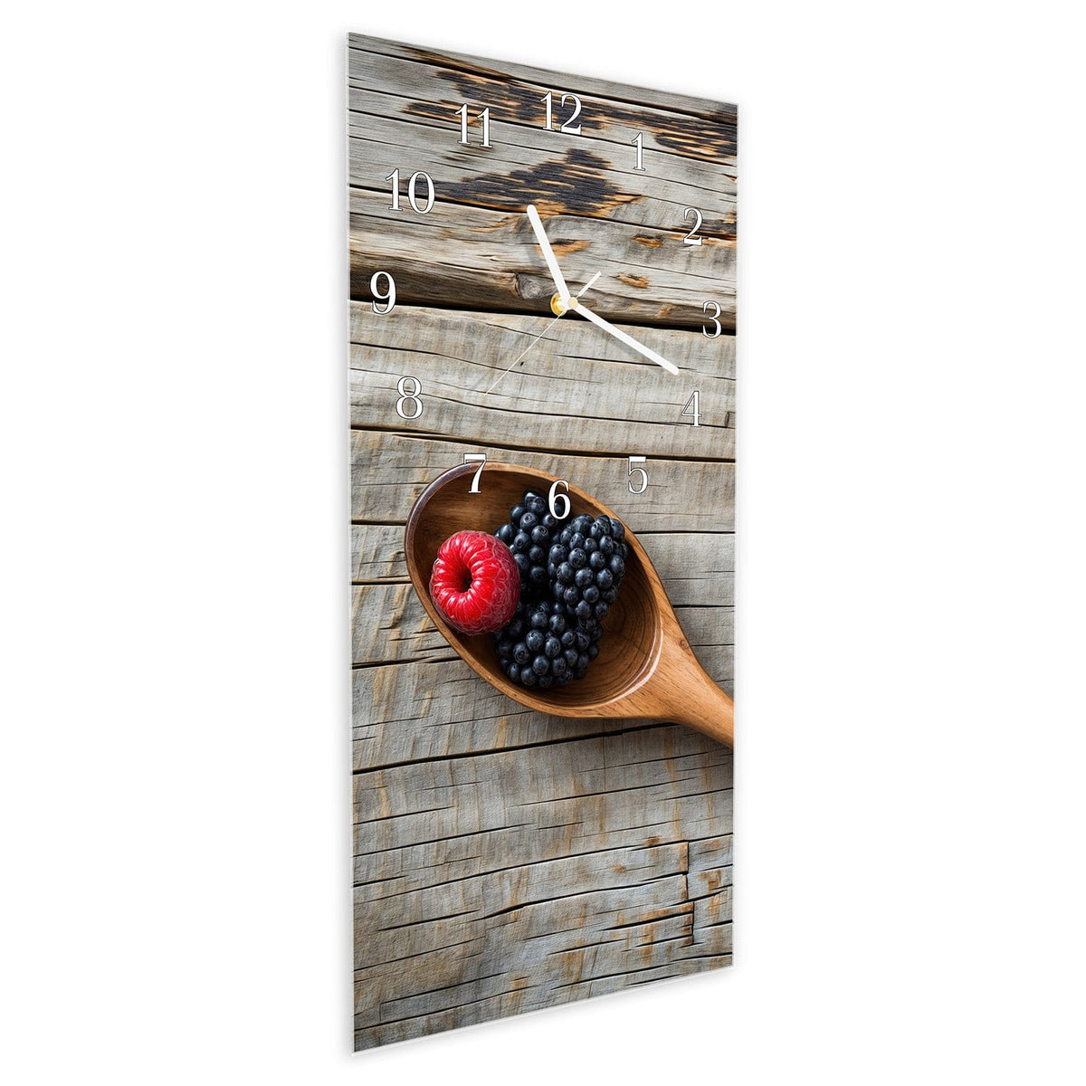 Vormontiert – mit Schwebeeffekt – Wanduhr Holzlöffel mit Beeren aus Glas – Hochformat 30 × 60 cm