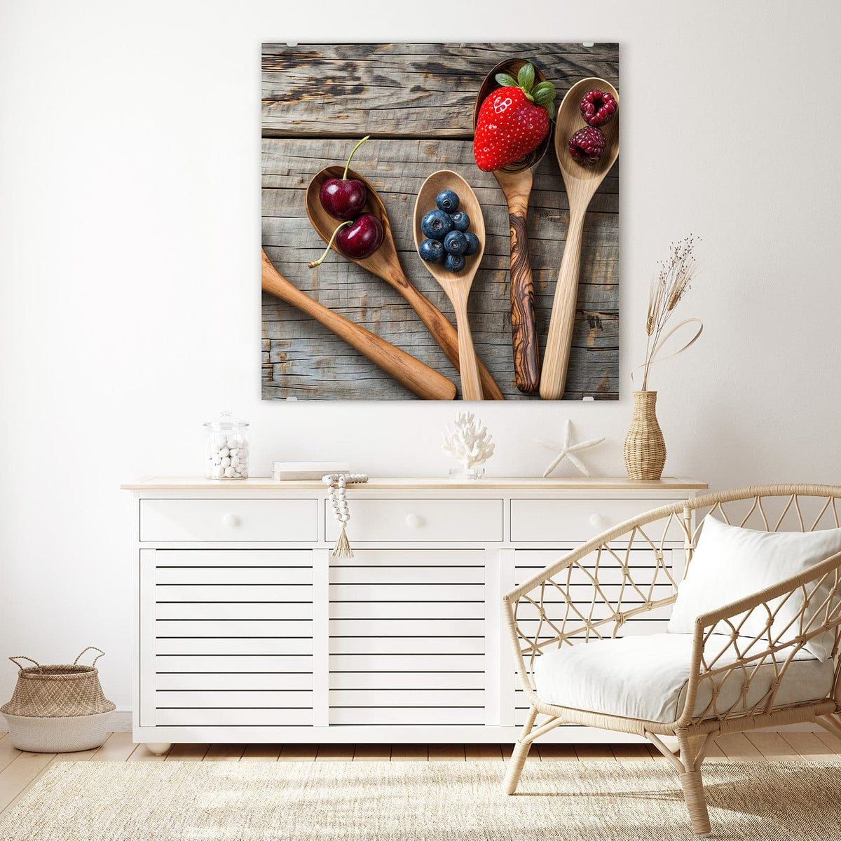 Echtglas, 4 mm – kein Acryl, keine Folie – Wandbild - Holzlöffel mit Beeren - Quadratisch