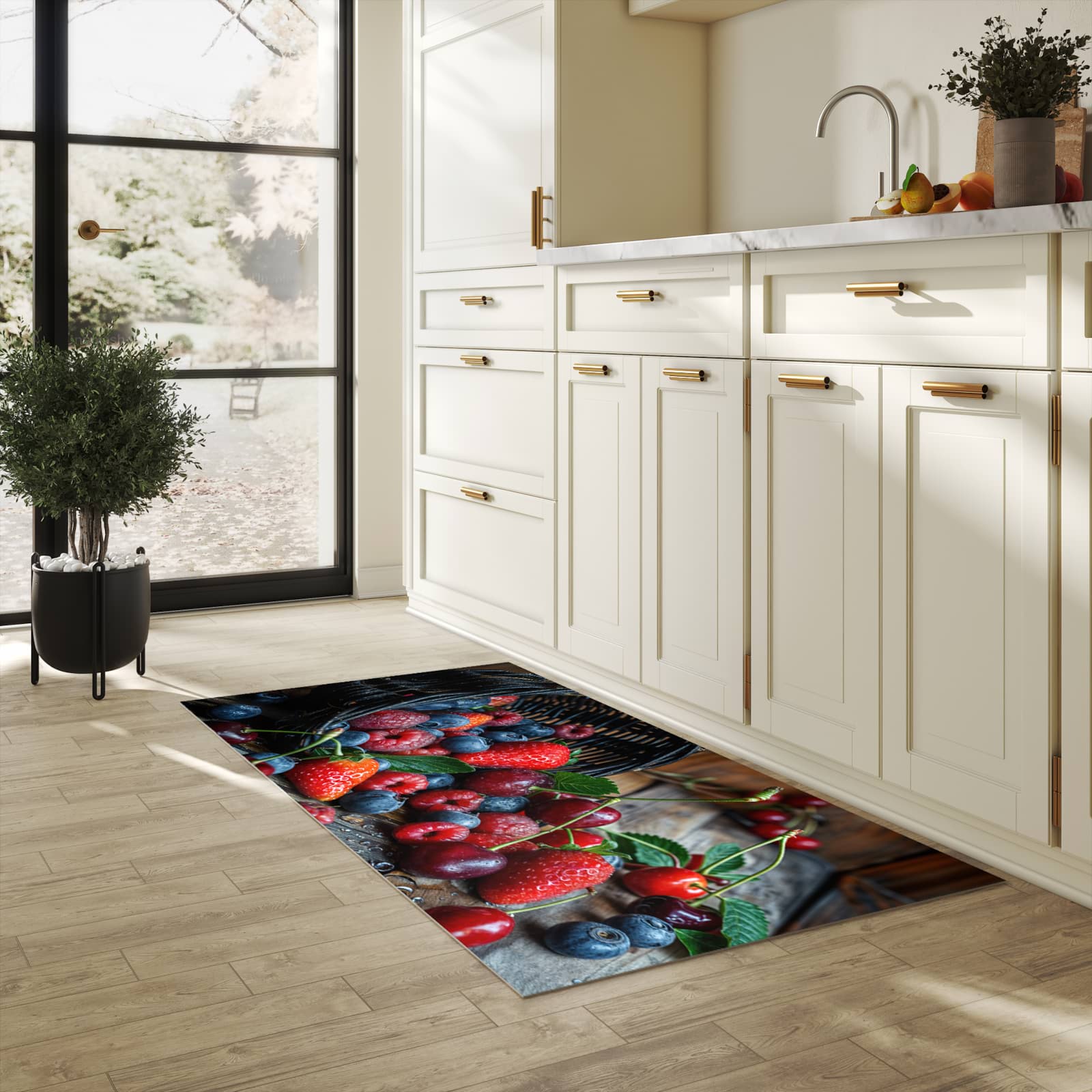 Bodenschonender waschbarer Küchenteppich mit Motiv Frische Beerenkorb in heller Küche