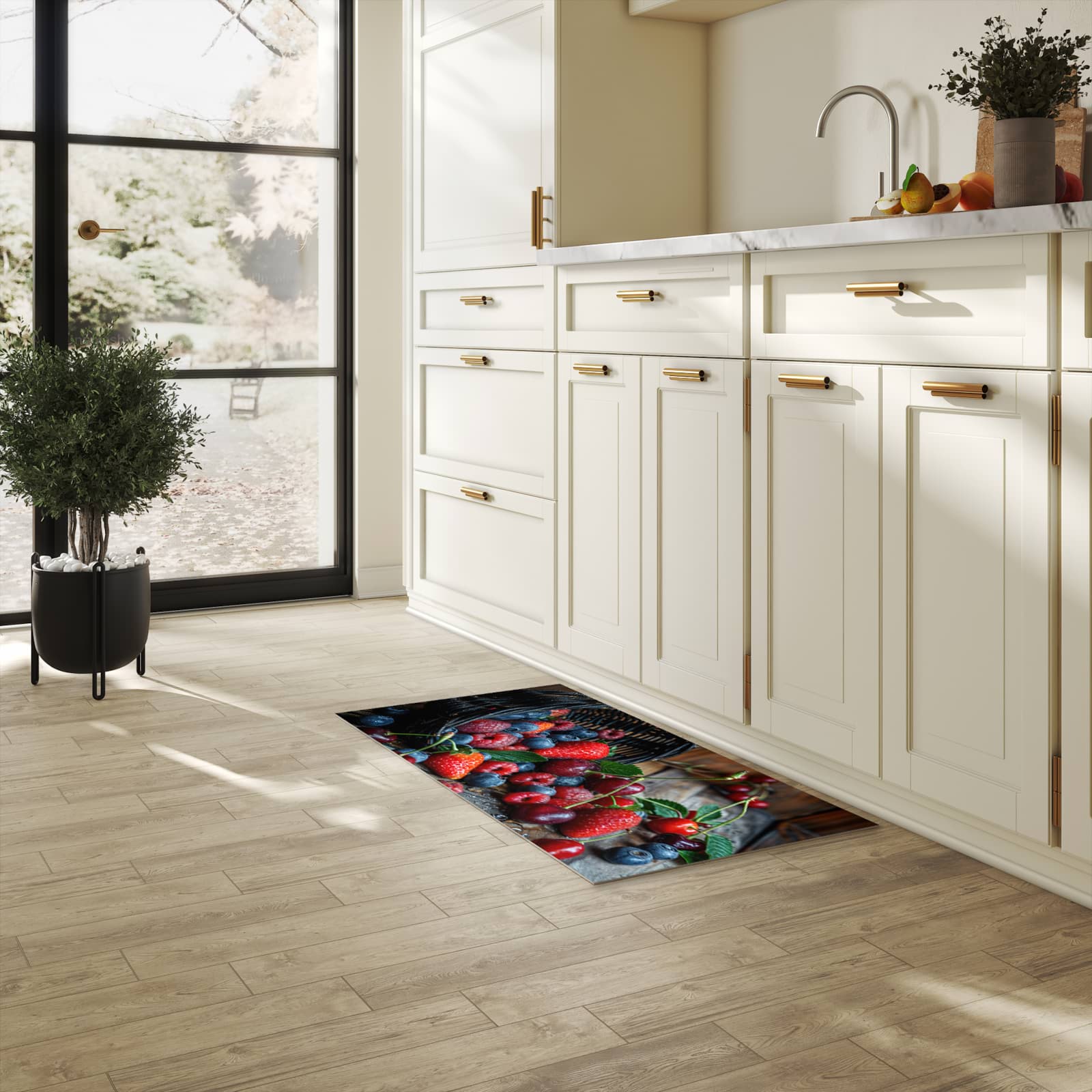 Rutschfester Läufer mit Motiv Frische Beerenkorb für Eingangsbereich in heller Küche