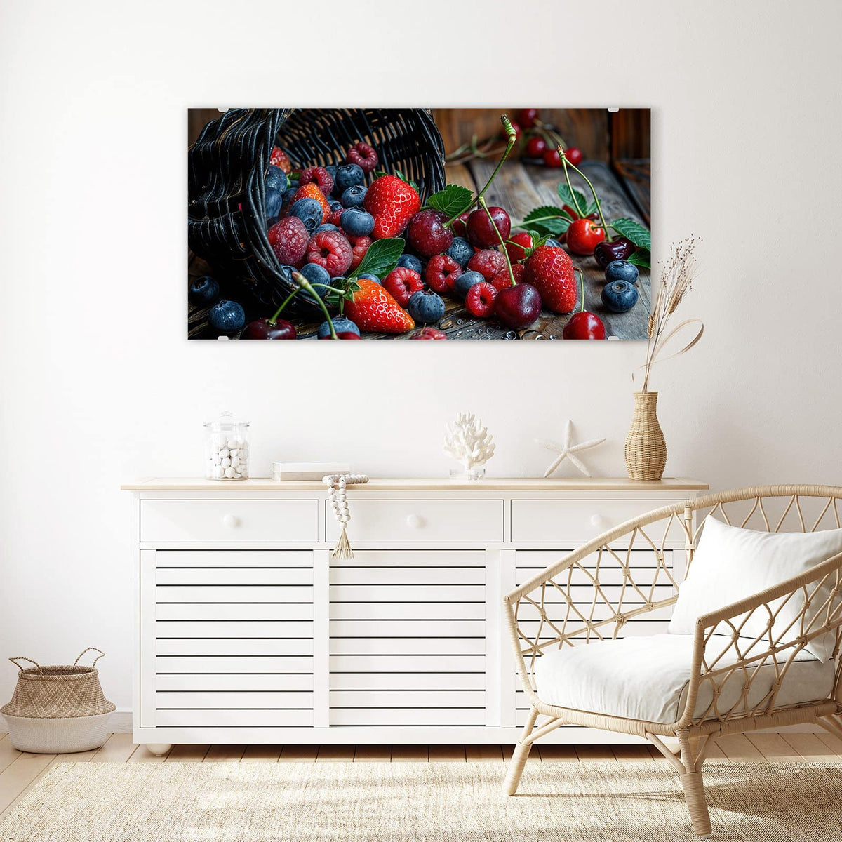 Echtglas, 4 mm – kein Acryl, keine Folie – Wandbild - Umgekippter Beerenkorb - Querformat