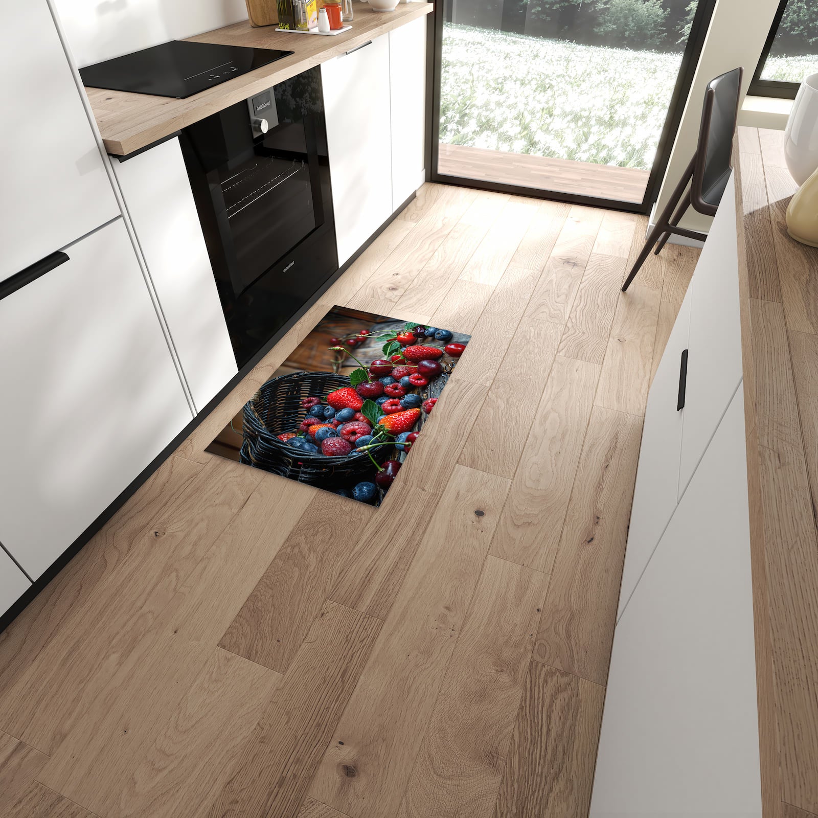 Geräuschdämpfender Teppich für Esstisch mit Motiv Frische Beerenkorb in moderner Küche