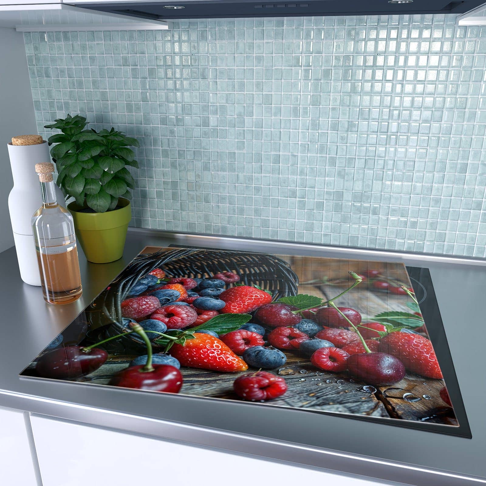 1-teilige Herdabdeckplatten aus Glas mit Frische Beerenkorb-Motiv auf dem Ceranfeld