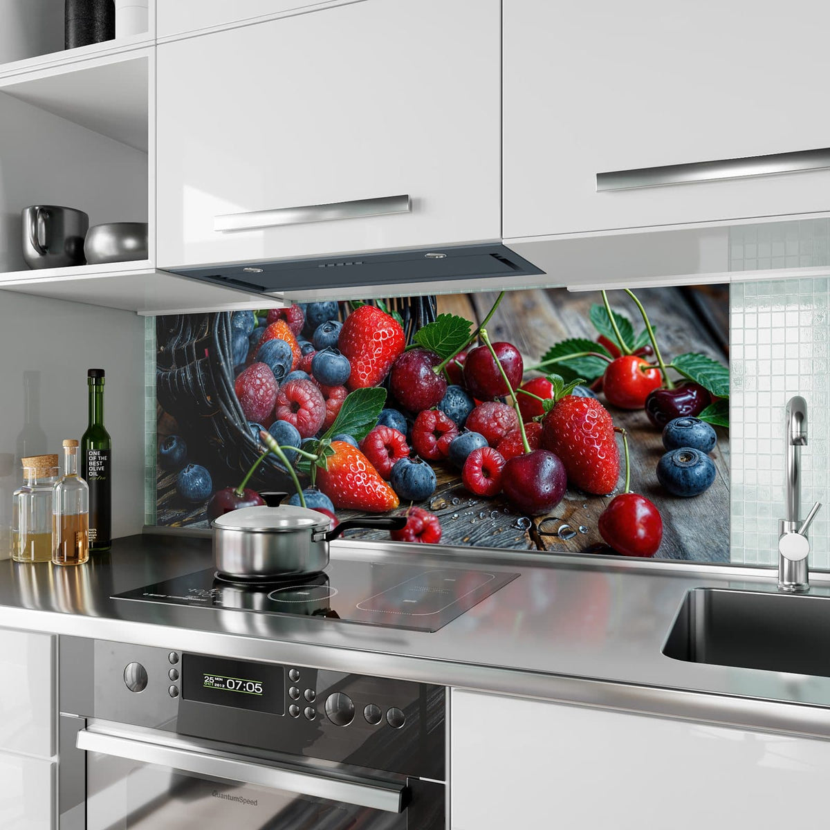 Küchenrückwand aus Glas Umgekippter Beerenkorb im Hochformat als Spritzschutz hinter dem Kochfeld, über dem Fliesenspiegel montiert