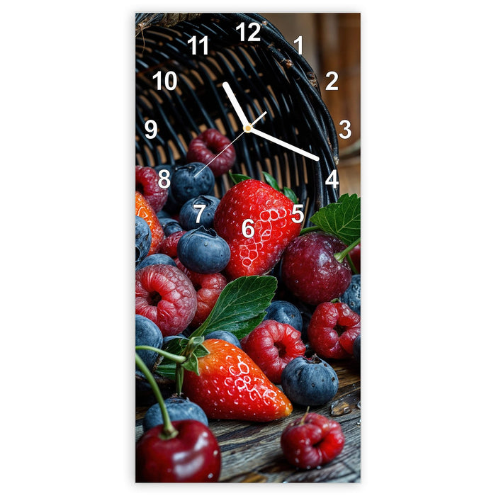 Wanduhr Frische Beerenkorb aus Glas – Hochformat 30 × 60 cm mit Ziffernblatt Modern