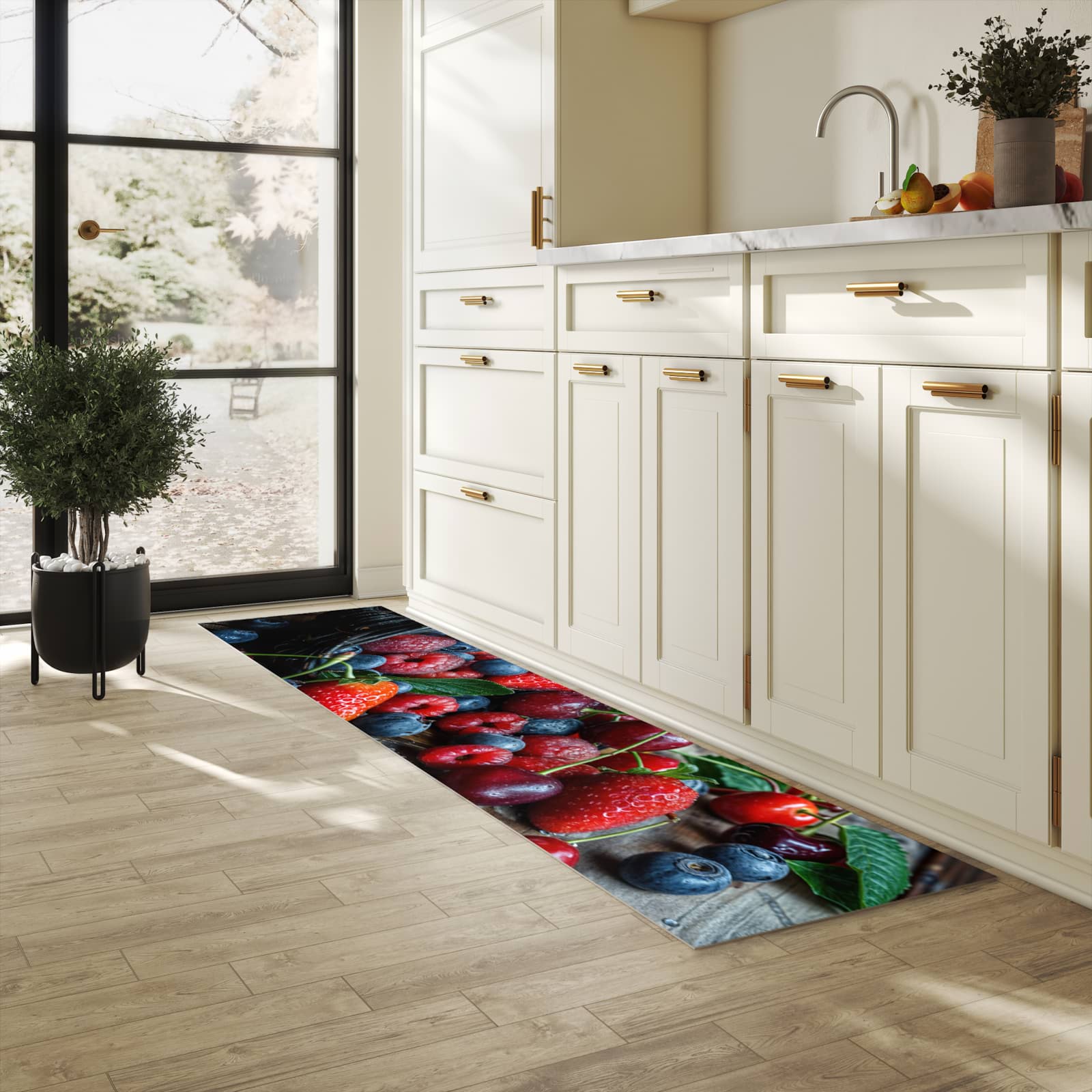 Strapazierfähiger dünner Küchenteppich mit Motiv Frische Beerenkorb in heller Küche