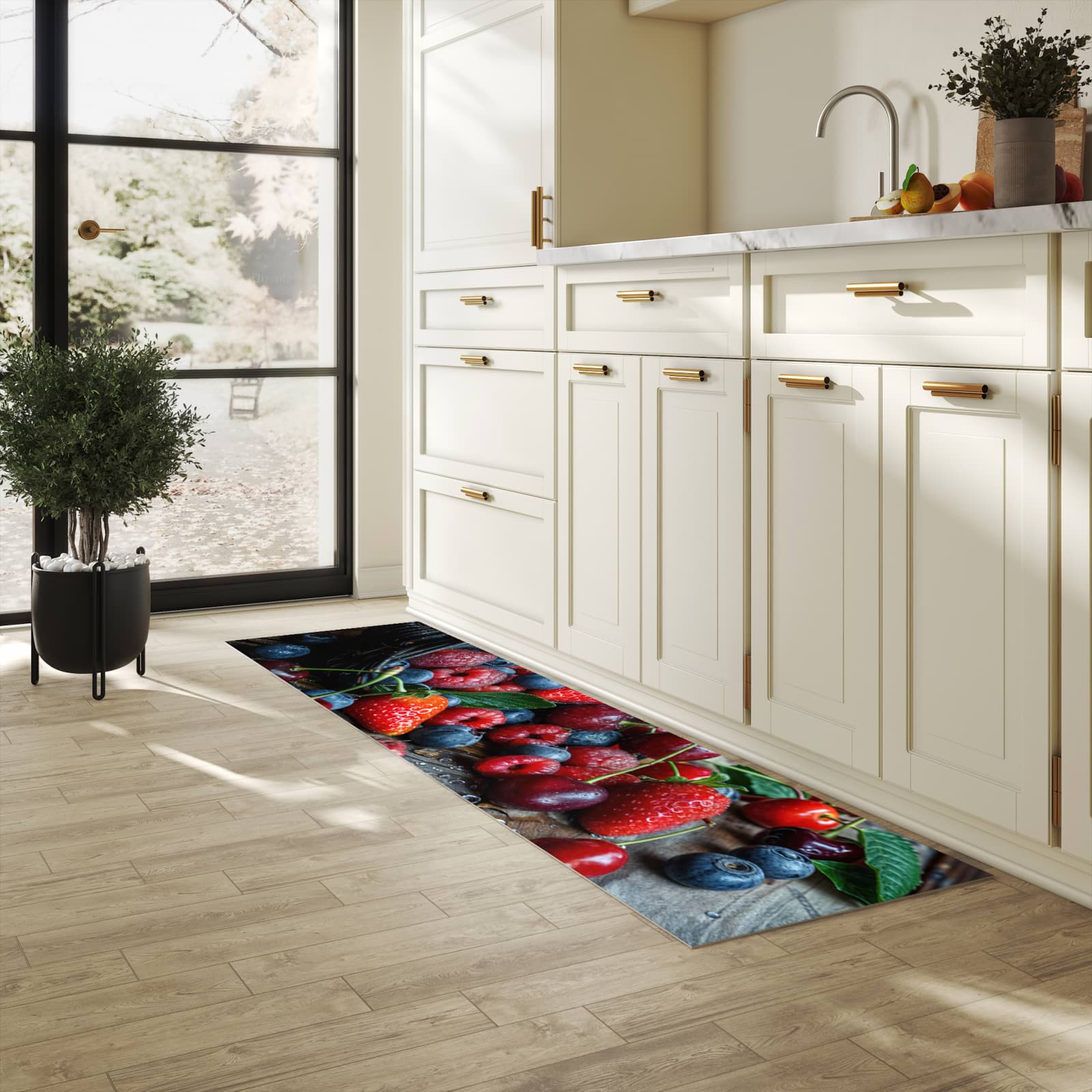Hygienischer rutschfester Küchenteppich mit Motiv Frische Beerenkorb in heller Küche