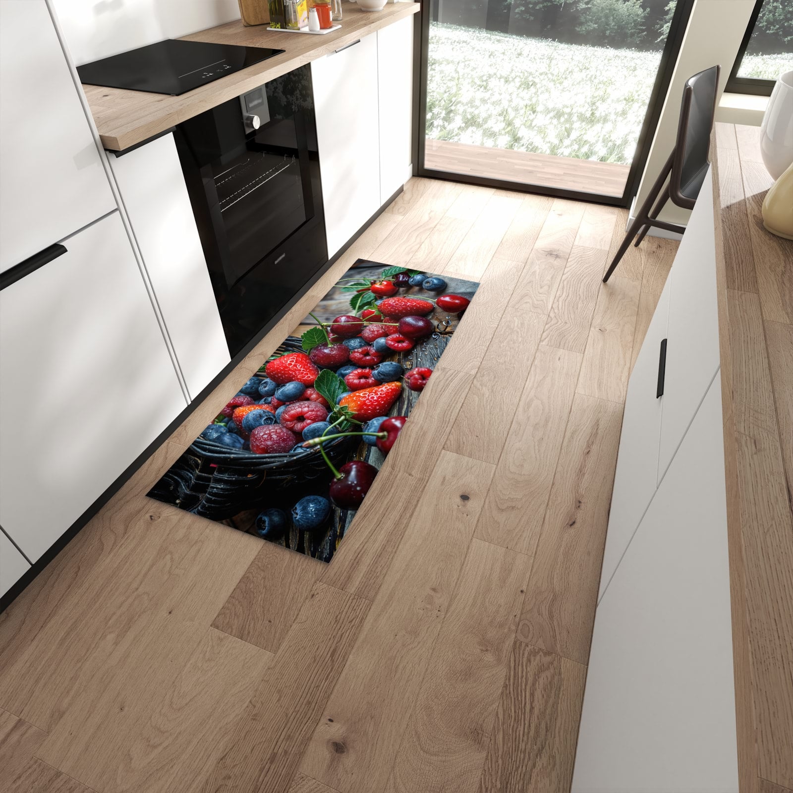 Bodenschonender rutschfester Läufer mit Motiv Frische Beerenkorb in moderner Küche #grösse_60 x 150 cm