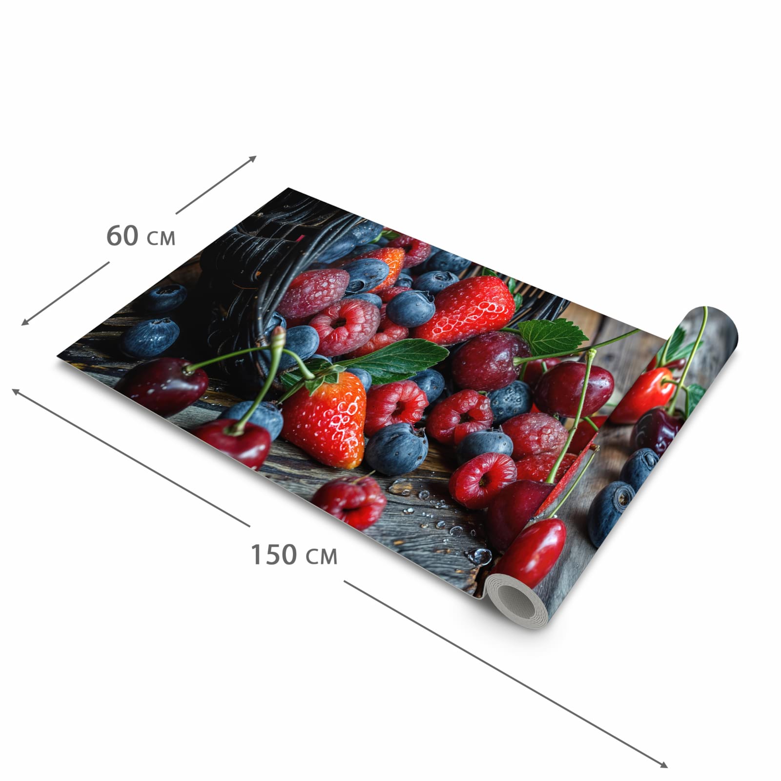 Langlebiger Küchenläufer mit Motiv Frische Beerenkorb in der Grösse 60x300 cm, waschbar