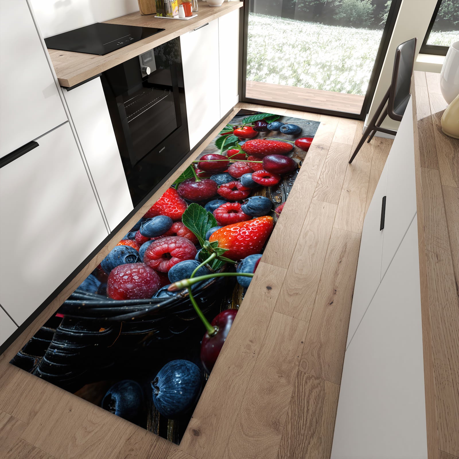 Komfortabler Bodenläufer-Teppich mit Motiv Frische Beerenkorb in moderner Küche