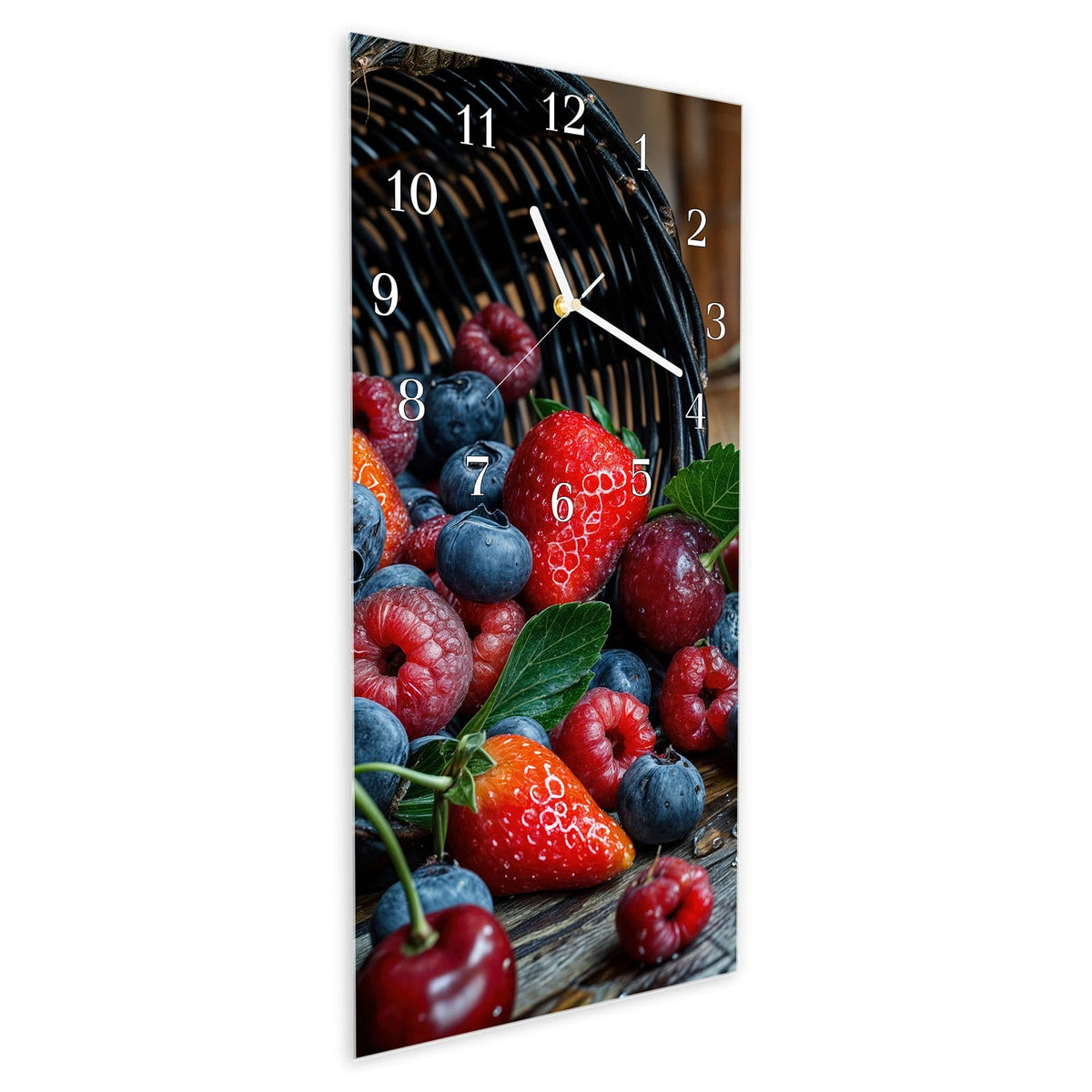 Vormontiert – mit Schwebeeffekt – Wanduhr Frische Beerenkorb aus Glas – Hochformat 30 × 60 cm