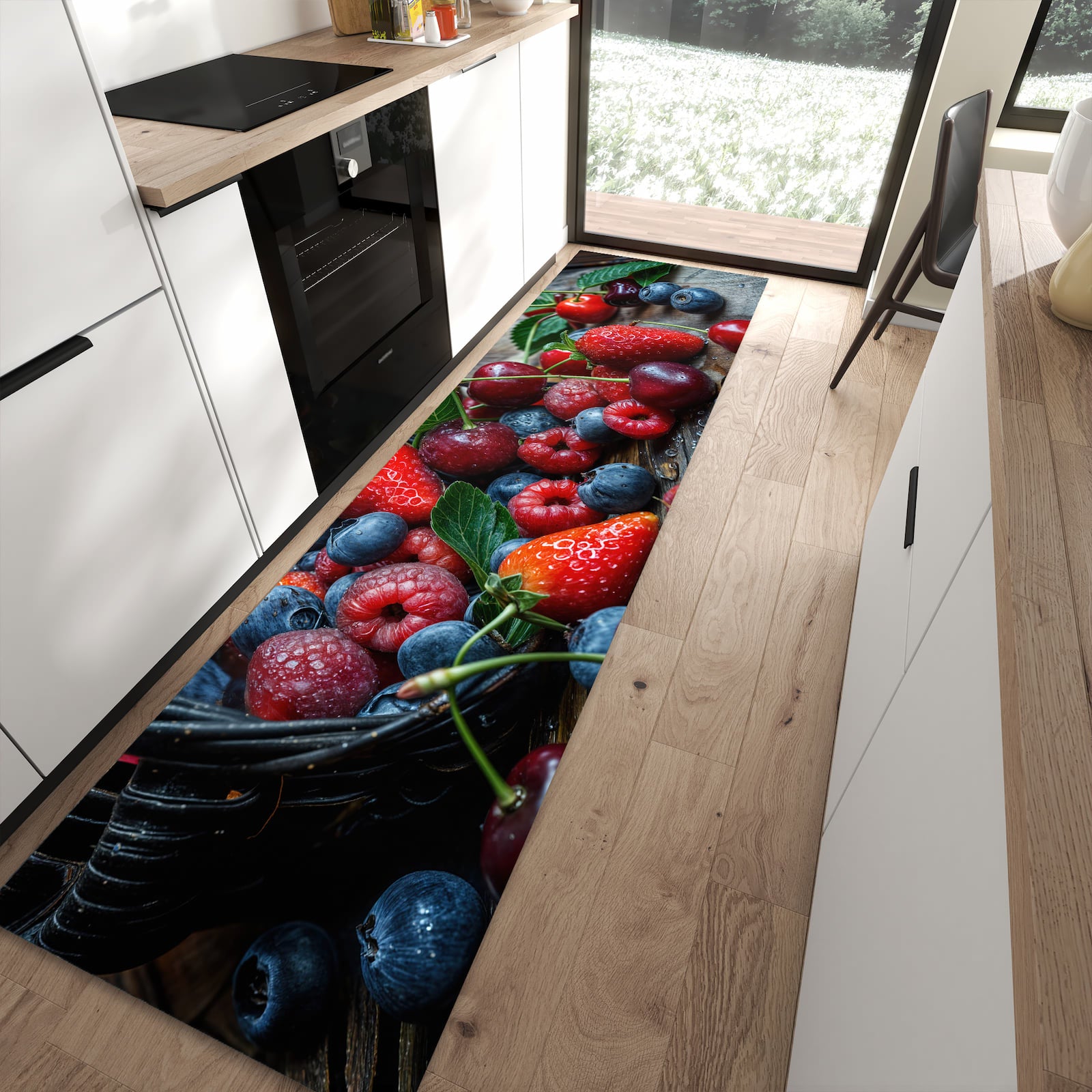 Wasserabweisender Küchenteppich mit Motiv Frische Beerenkorb in moderner Küche