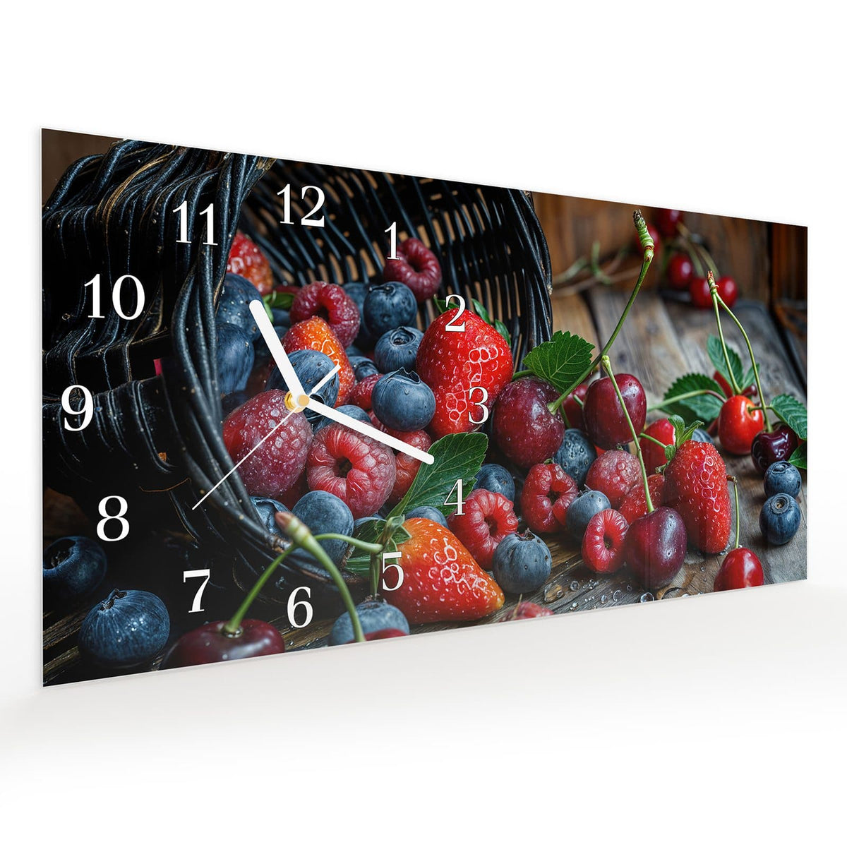 Vormontiert – mit Schwebeeffekt – Wanduhr Frische Beerenkorb aus Glas – Querformat 60 × 30 cm
