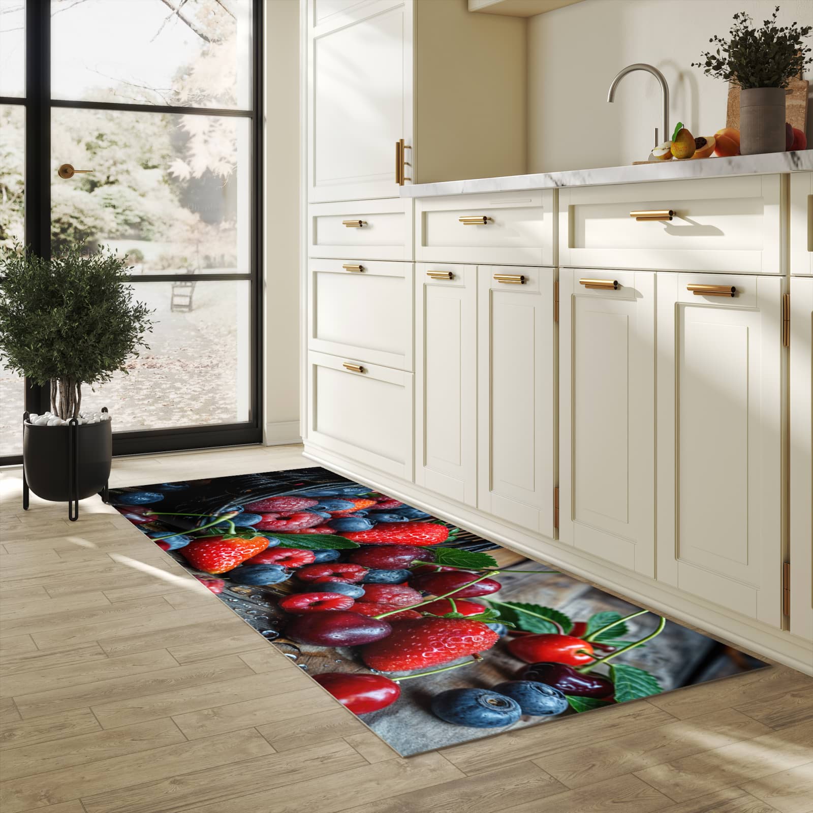 Farbbeständiger Küchenteppich mit Motiv Frische Beerenkorb in heller Küche