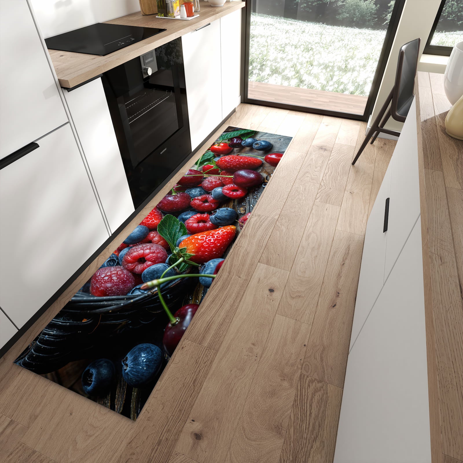 Formstabiler rutschfester Küchenteppich mit Motiv Frische Beerenkorb in moderner Küche