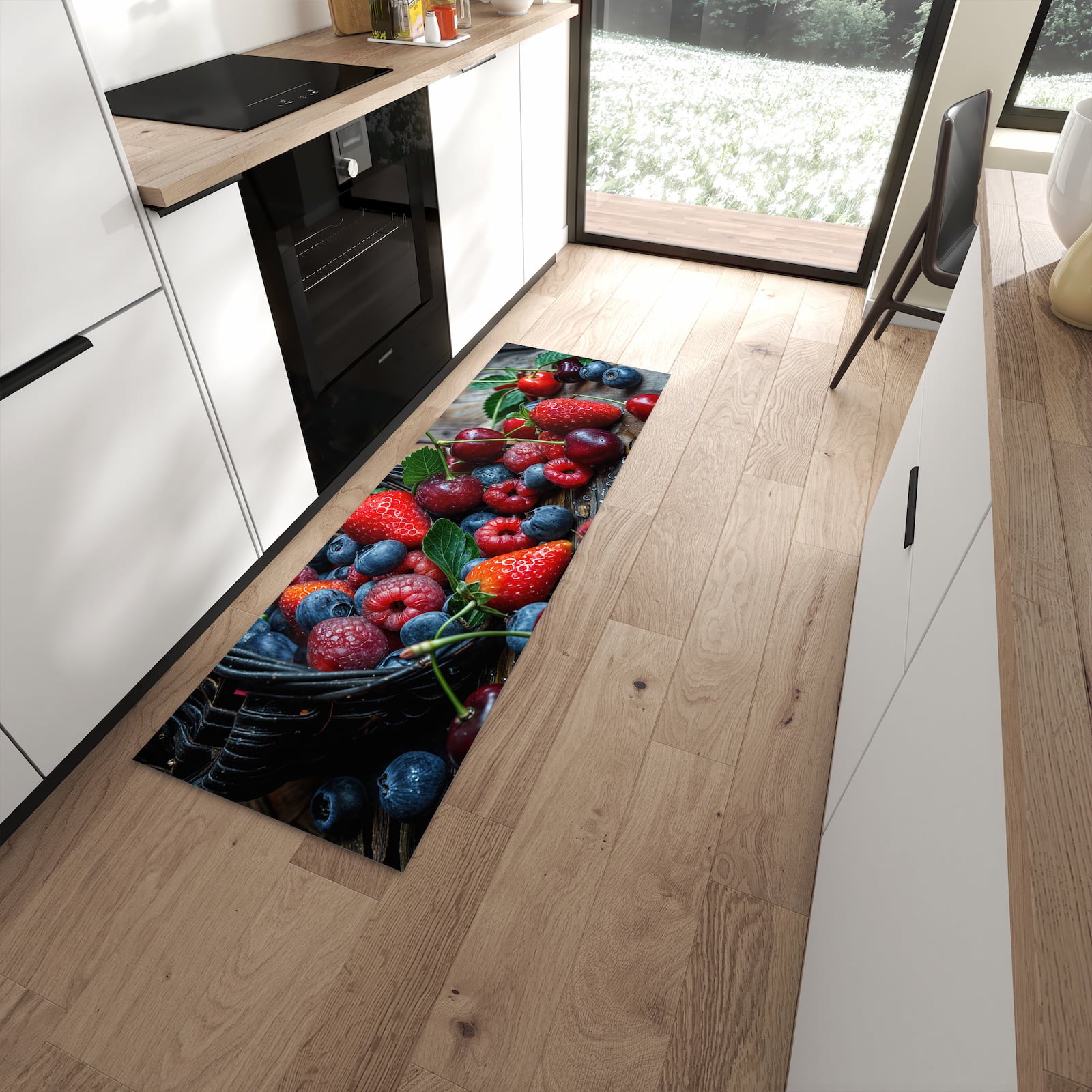 Farbbeständiger dünner Teppich mit Motiv Frische Beerenkorb in moderner Küche