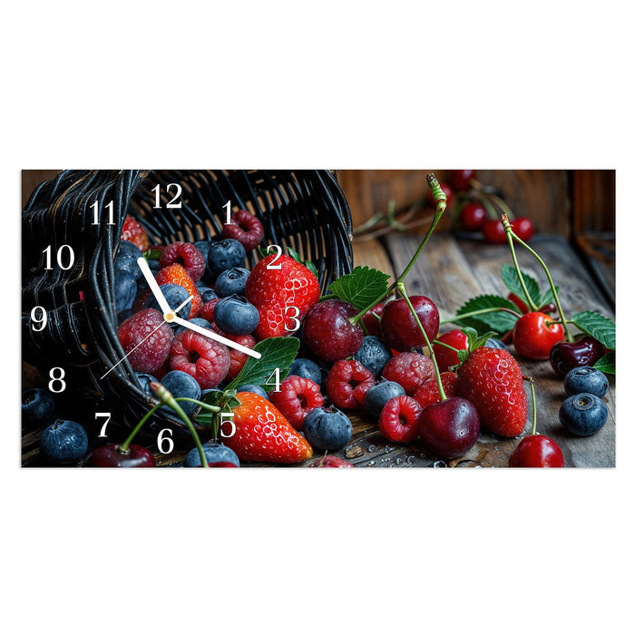 Wanduhr Frische Beerenkorb aus Glas – Querformat 60 × 30 cm mit Ziffernblatt Klassisch
