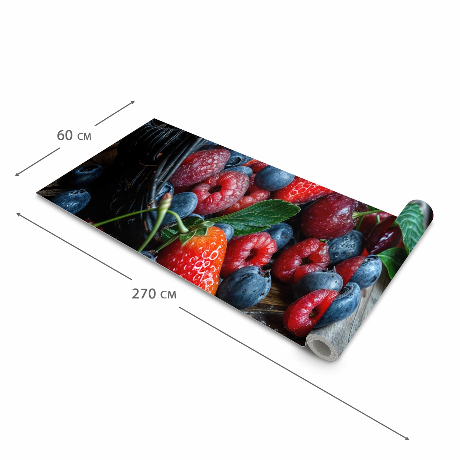 Komfortabler rutschfester Küchenläufer mit Motiv Frische Beerenkorb in der Größe 60x300 cm