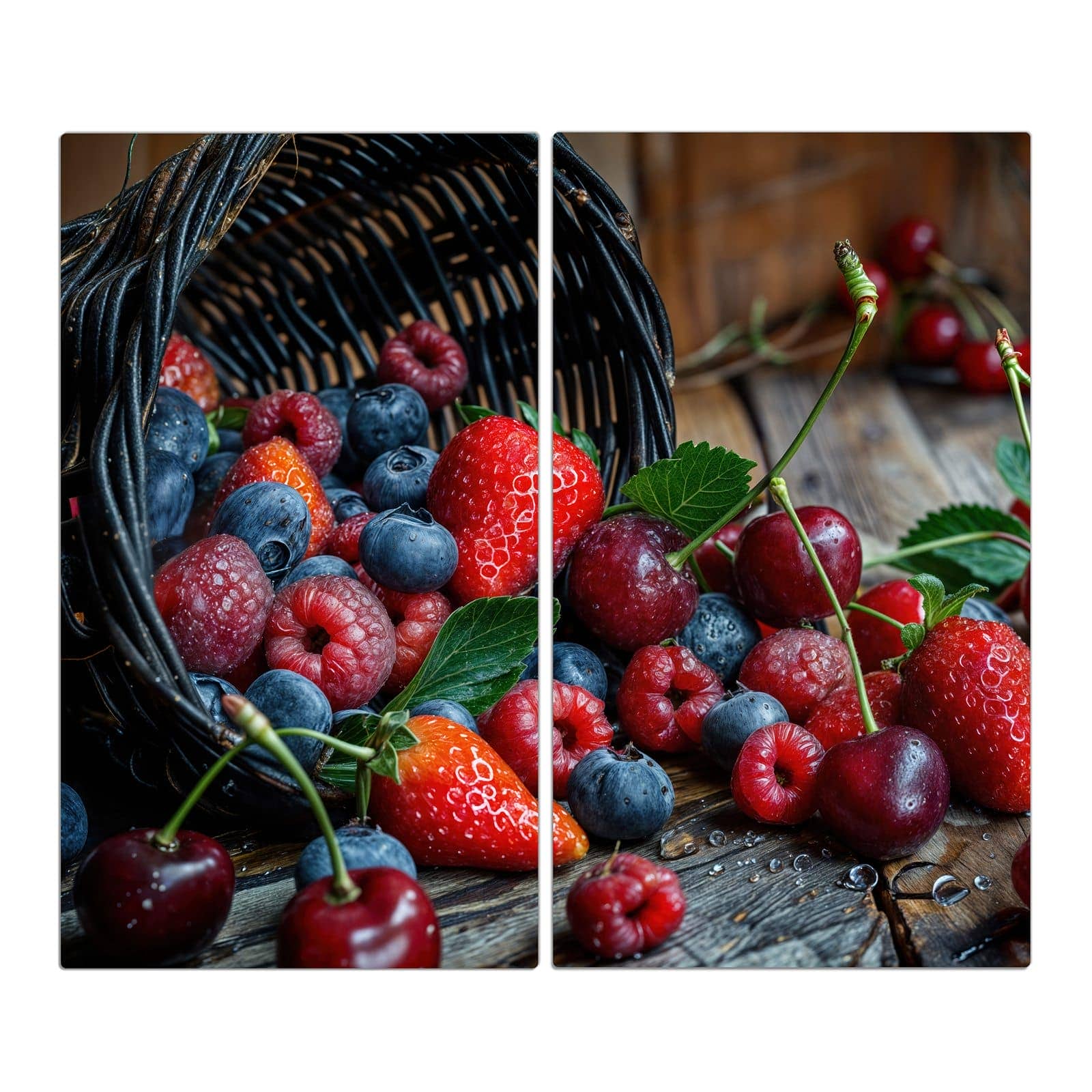 2-teilige Herdabdeckplatte aus Glas mit Frische Beerenkorb-Motiv in der Frontansicht #grösse_2-Teilig (60x52cm)