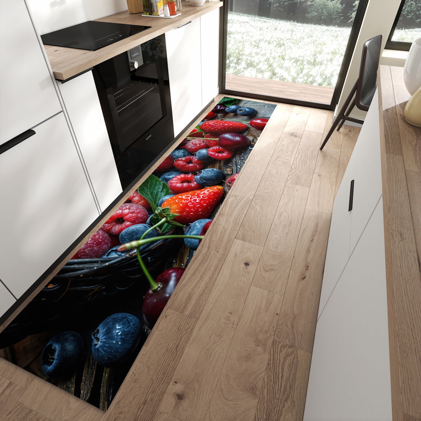 Waschbarer Teppich fürs Esszimmer mit Motiv Frische Beerenkorb in moderner Küche