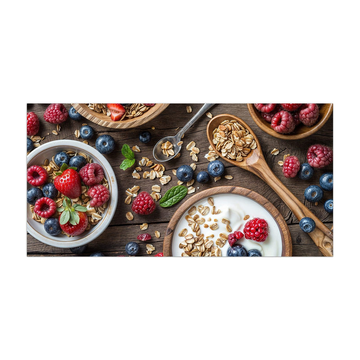 Küchenrückwand aus Glas Joghurt mit Beeren im Hochformat, Motiv bildfüllend von vorn