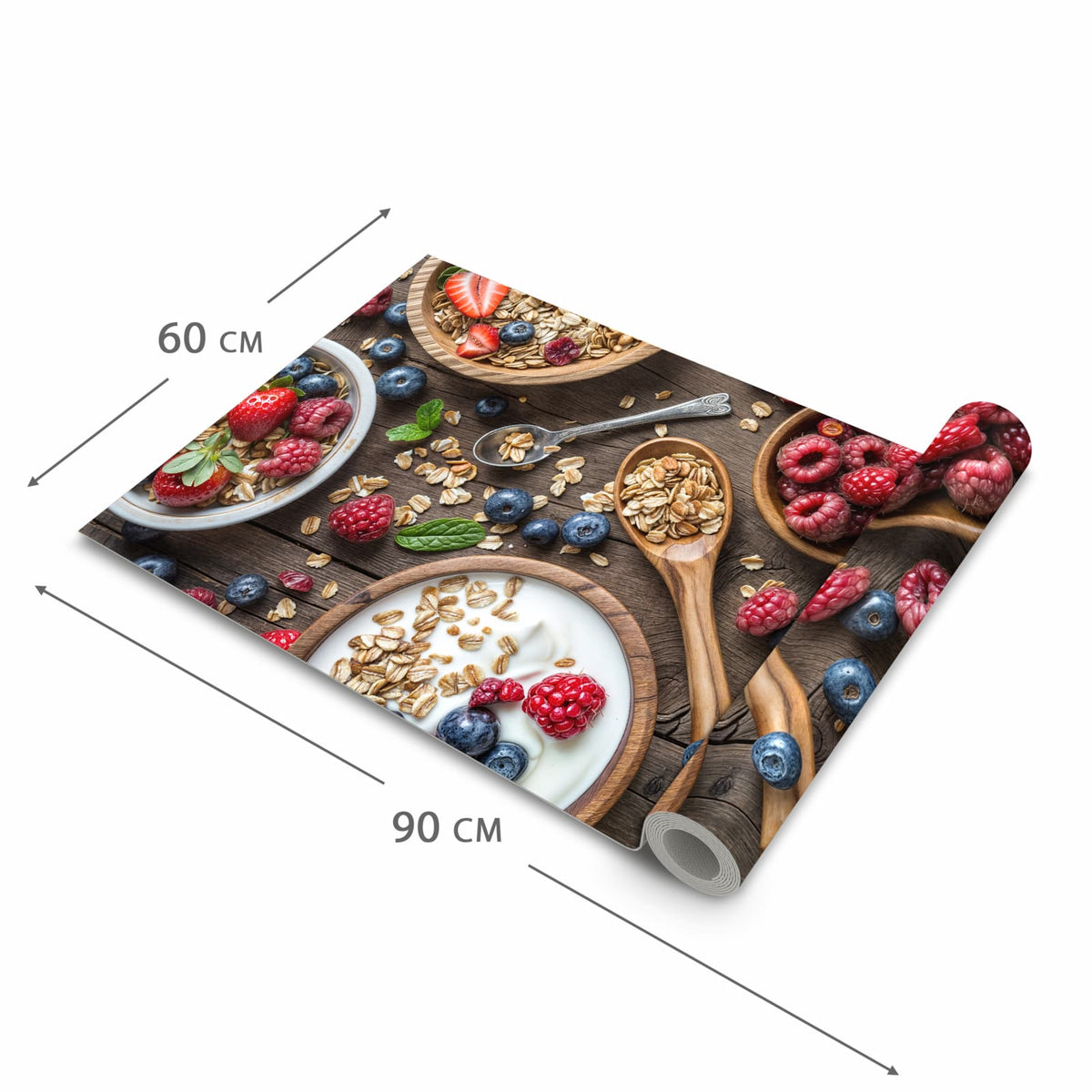 Komfortabler Küchenteppich mit Motiv Beeriges Müsli in der Grösse 80x300 cm